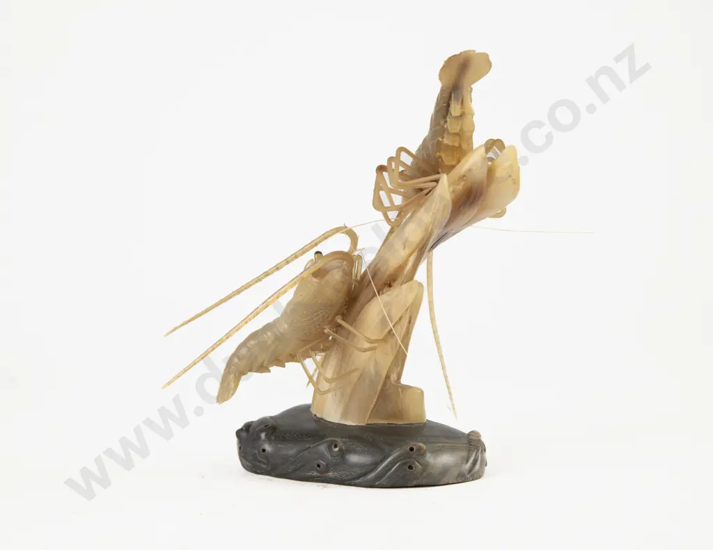 Chinese Carved Horn Group of Two Shrimp Image 1++