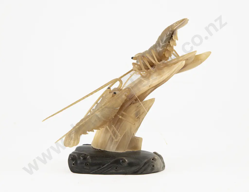Chinese Carved Horn Group of Two Shrimp Image 1++