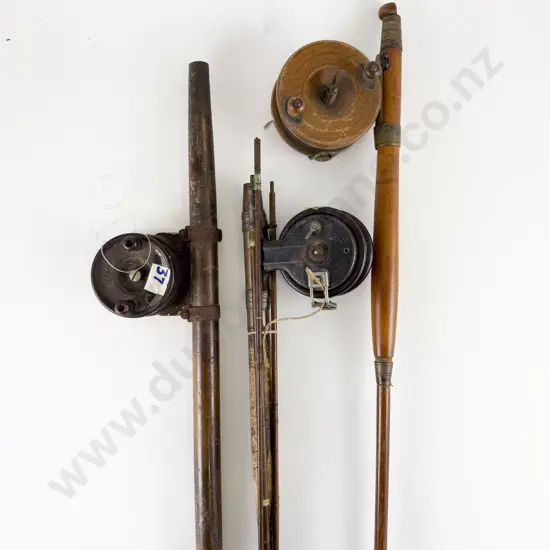 Three Various Vintage Greenheart Rods each with a Nottingham Reel