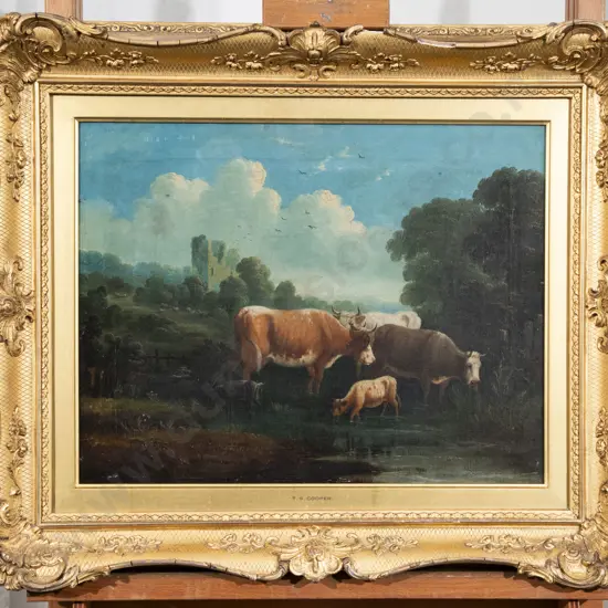 Manner of T S Cooper Oil on Canvas behind Glass Pastoral Scene of Cattle