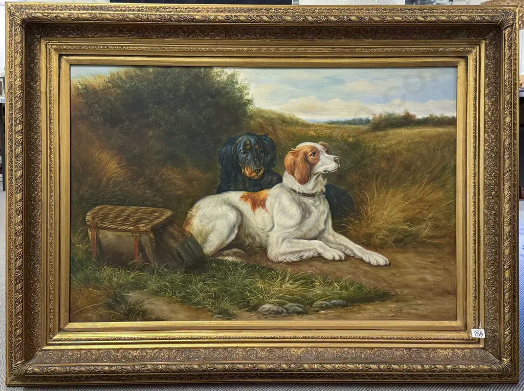 Late C19th Style Unsigned Oil on Canvas Two Gun Dogs Depicted in the Manner of Landseer (1980's) Image 1++