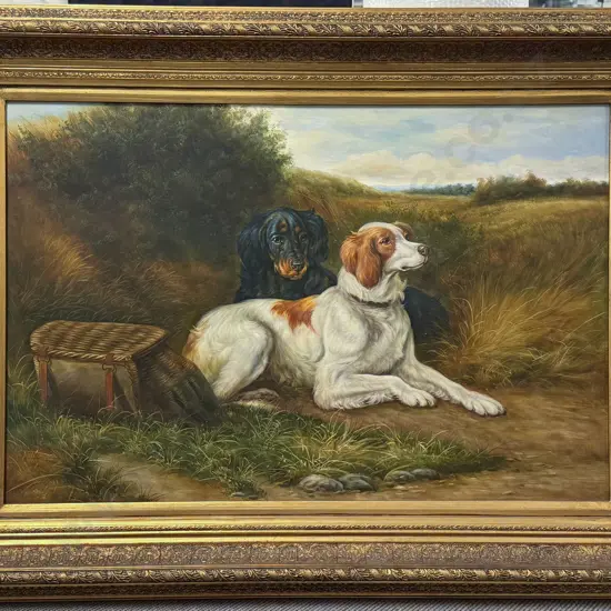 Late C19th Style Unsigned Oil on Canvas Two Gun Dogs Depicted in the Manner of Landseer (1980's)