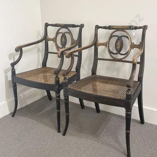 An Attractive Pair of Regency Ebonised & Parcel Gilt Open Armchairs