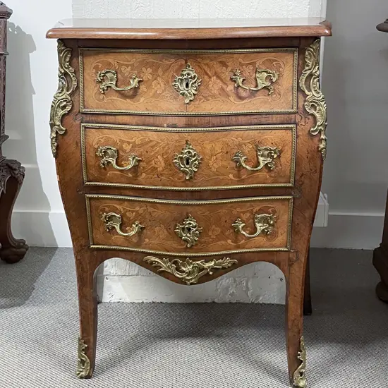 An Attractive Late C19th French Kingwood Marquetry & Ormulu Mounted Bombe Chest of Drawers