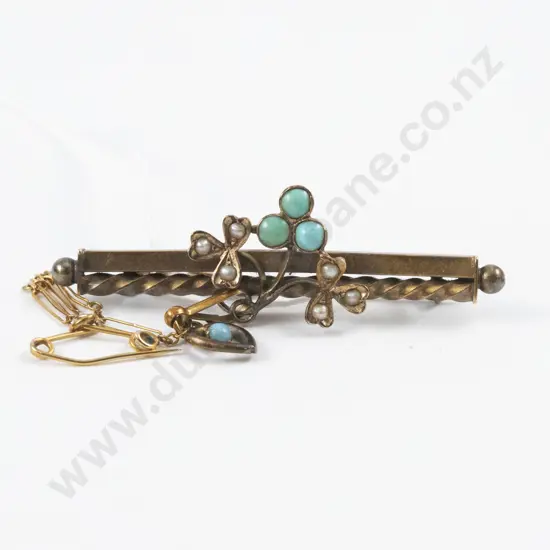 Victorian 9ct Turquoise and Seed Peal Bar Brooch