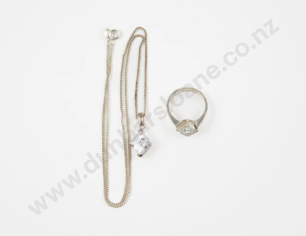 S/S and Cubic Zirconia Diamond Shaped Ring and Matching Pendant Image 1++