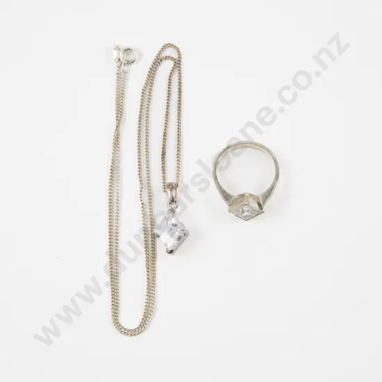 S/S and Cubic Zirconia Diamond Shaped Ring and Matching Pendant