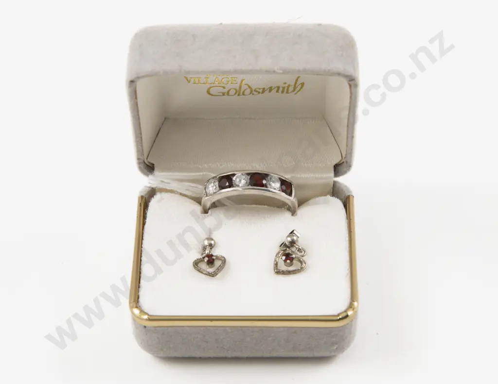 S/S Six Stone Garnet and Cubic Zirconia Band Ring with Heart Earrings Image 1++