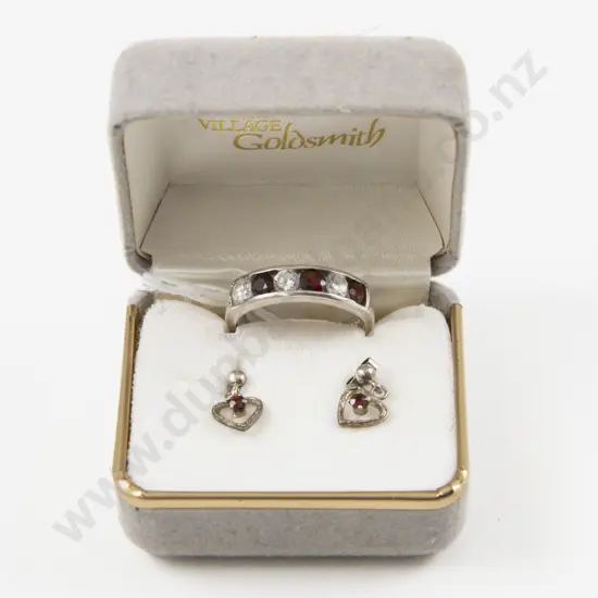 S/S Six Stone Garnet and Cubic Zirconia Band Ring with Heart Earrings