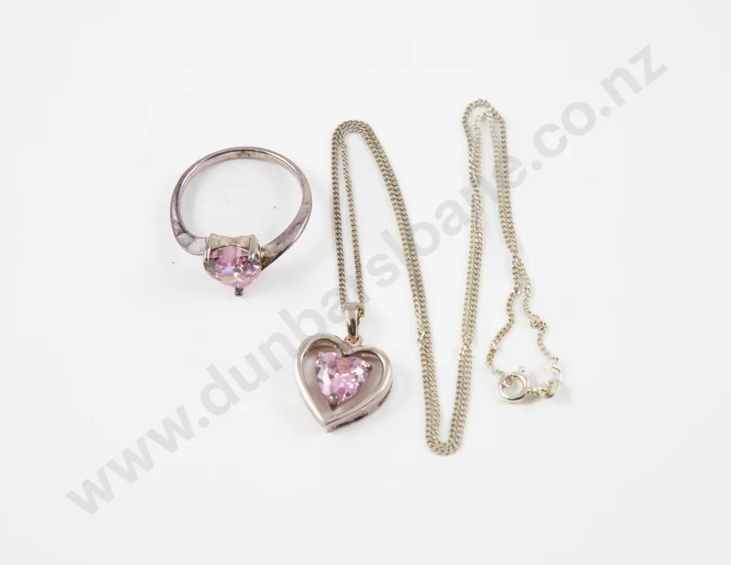 S/S Rose Quartz Crystal Heart Ring and Matching Pendant Image 1++