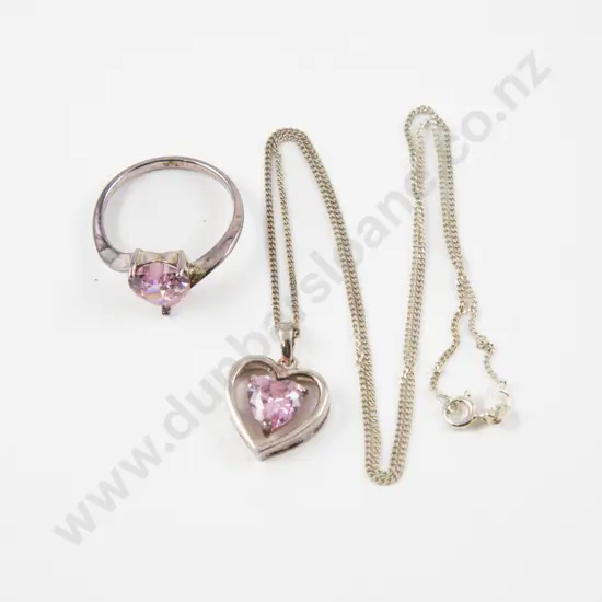 S/S Rose Quartz Crystal Heart Ring and Matching Pendant