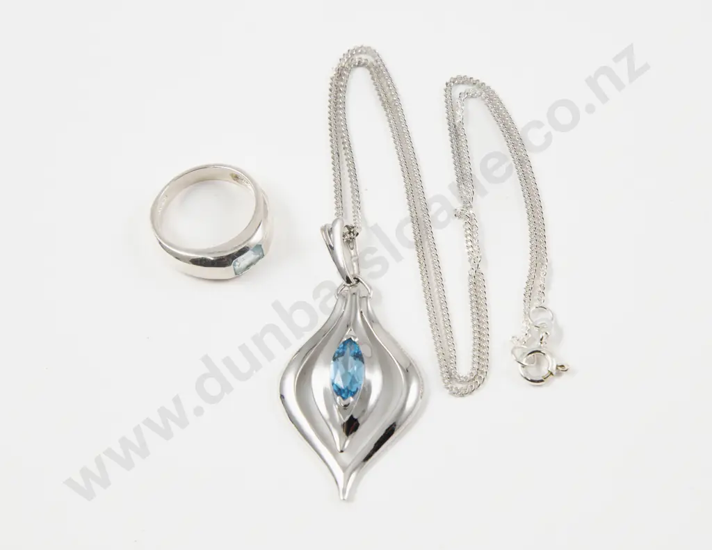 S/S Single Stone Topaz Band Ring and Pendant Image 1++