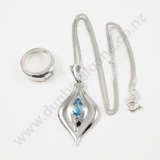 S/S Single Stone Topaz Band Ring and Pendant