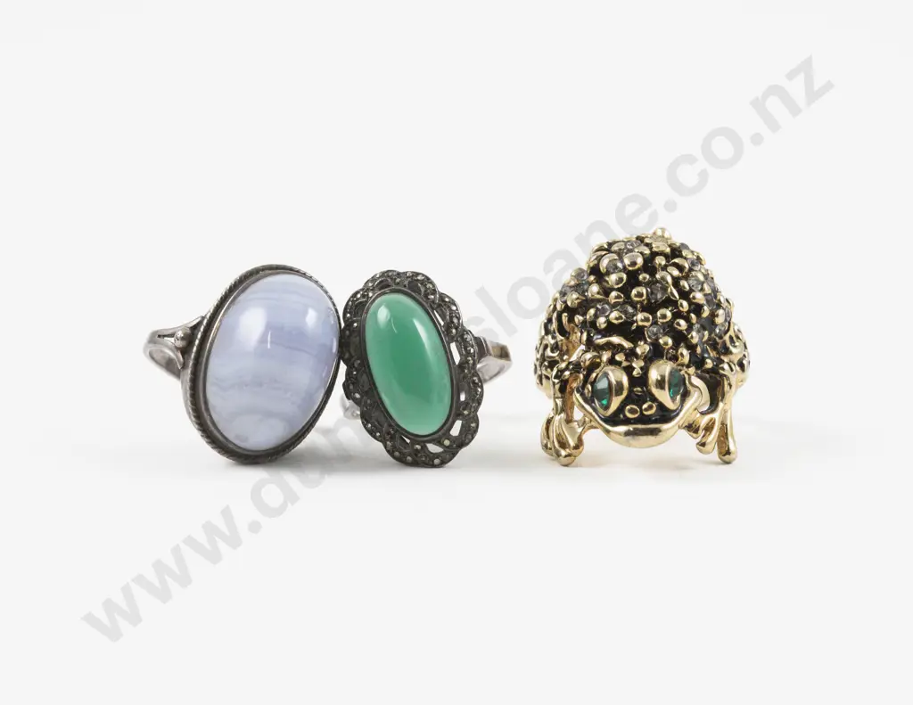 S/S and Marcasite Single Stone Jade Ring with Two Others Image 1++