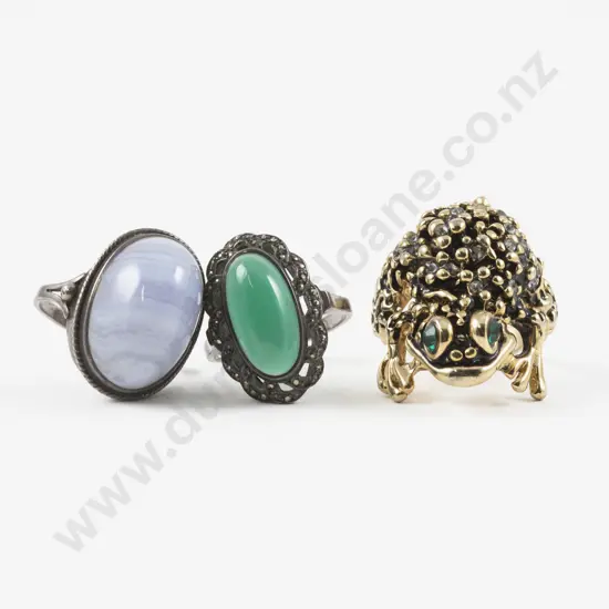 S/S and Marcasite Single Stone Jade Ring with Two Others