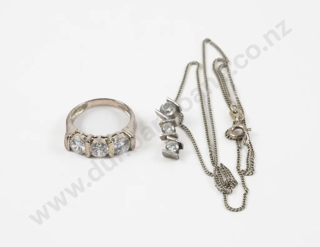 S/S Three Stone Crystal Band Ring and Pendant Image 1++