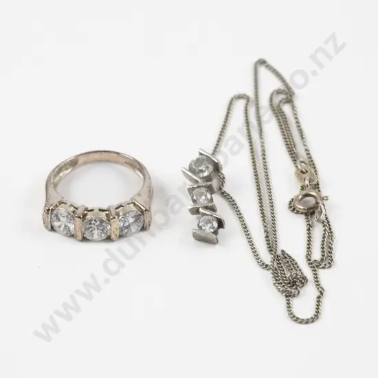 S/S Three Stone Crystal Band Ring and Pendant