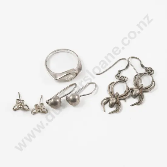 S/S Single Stone Crystal Ring and Three Pair of S/S Earrings