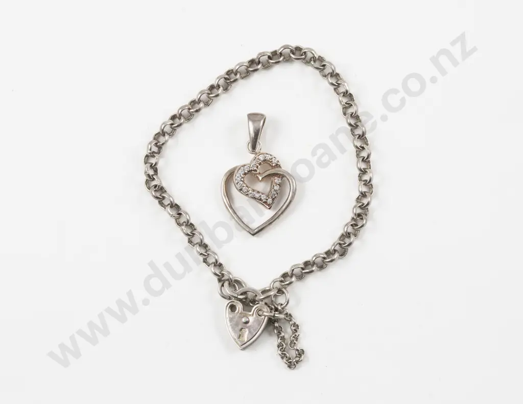 S/S and Cubic Zirconia Heart Pendant with Curb Link Heart Padlock Bracelet Image 1++