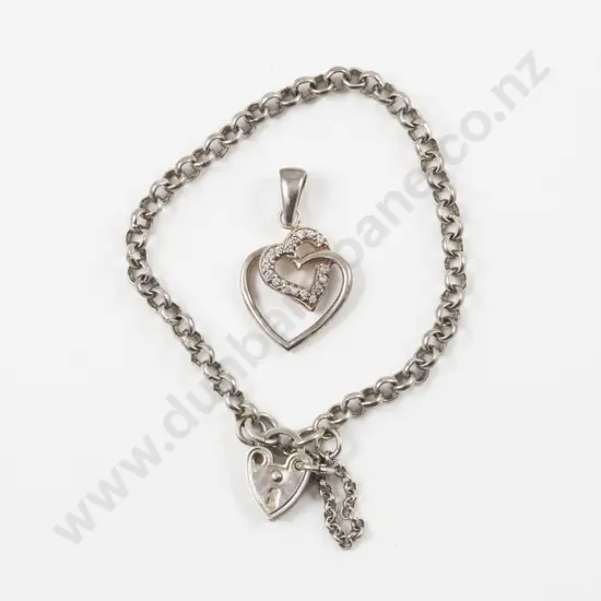 S/S and Cubic Zirconia Heart Pendant with Curb Link Heart Padlock Bracelet