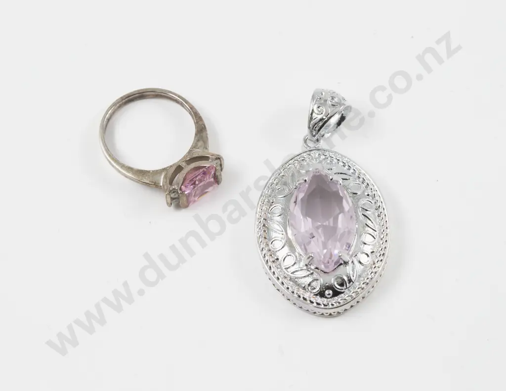 S/S Single Stone Pink Crystal Pendant and Dress Ring Image 1++