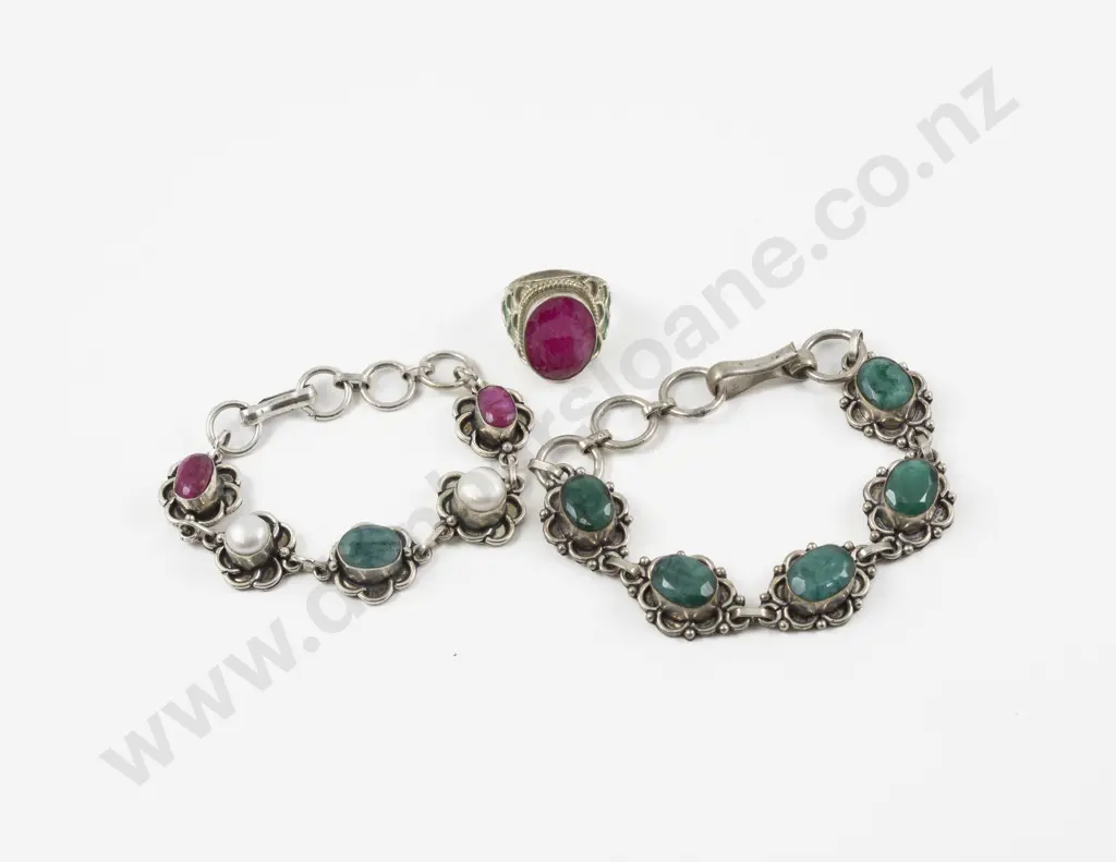 S/S Ruby Emerald and Pearl Bracelets and Ring Image 1++