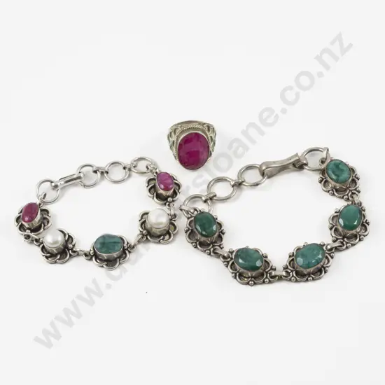S/S Ruby Emerald and Pearl Bracelets and Ring