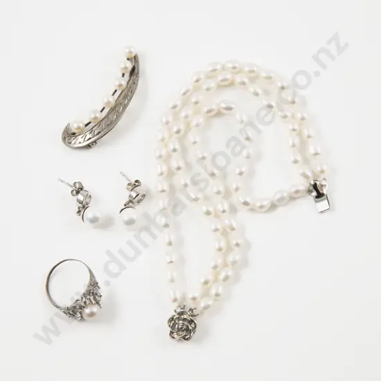 S/S Cultured Pearl Spray Brooch with Ring Bracelet and Earrings