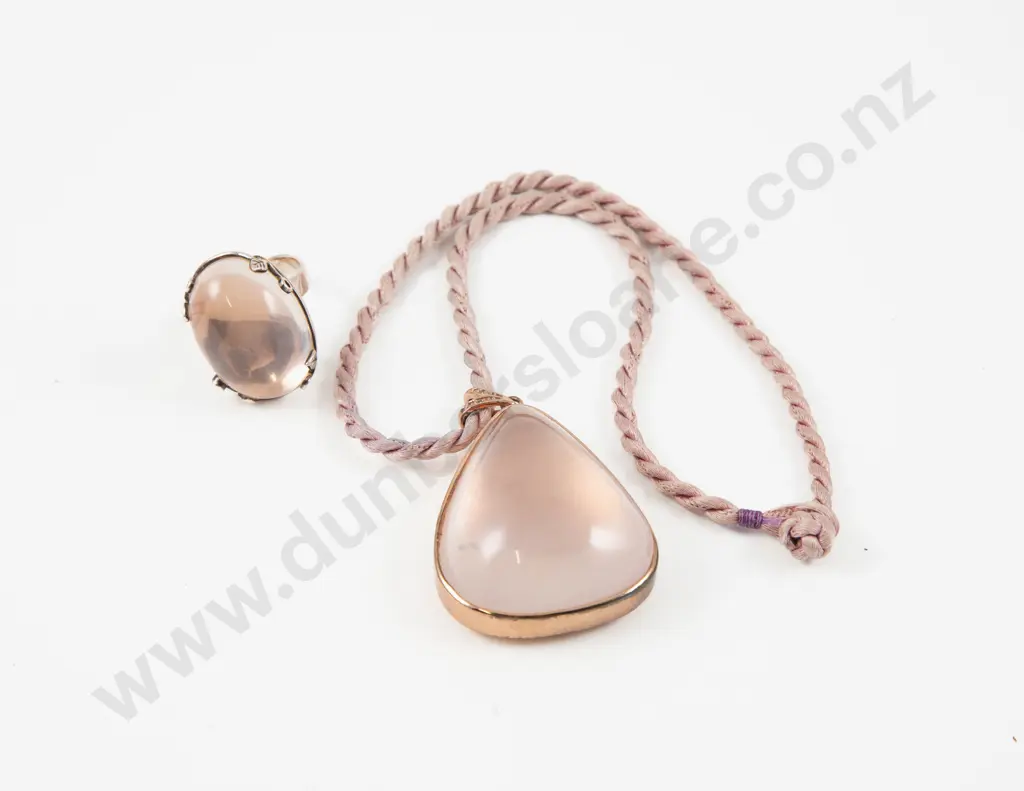 Silver & Rose Quartz Cabouchon Pendant & Adjustable Ring Image 1++