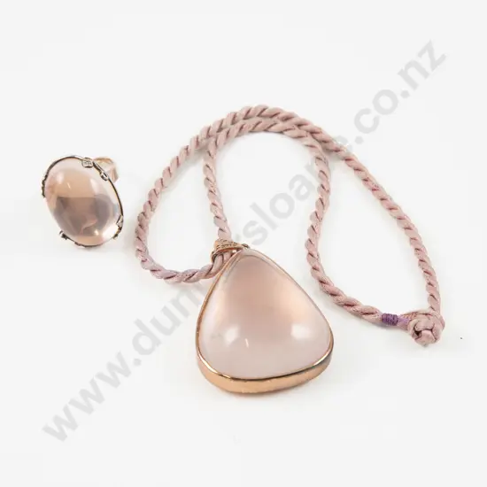 Silver & Rose Quartz Cabouchon Pendant & Adjustable Ring