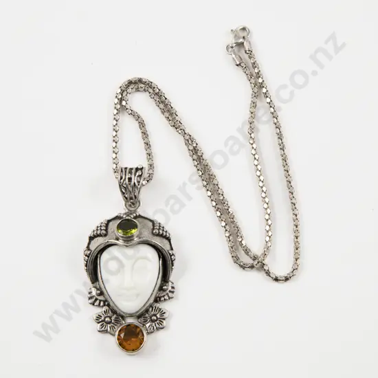 .925 Silver Carved Goddess Face Pendant