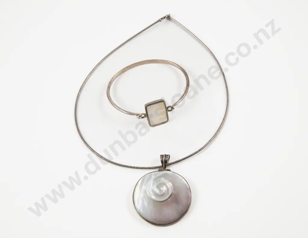 S/S and MOP Bangle with Circular Pendant Image 1++