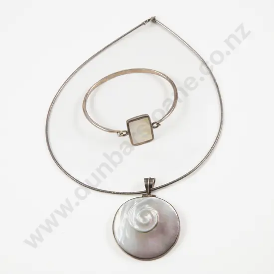 S/S and MOP Bangle with Circular Pendant
