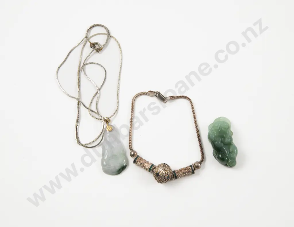 Vintage S/S Filigree Style Beaded Bracelet and Two Jade Pendants Image 1++