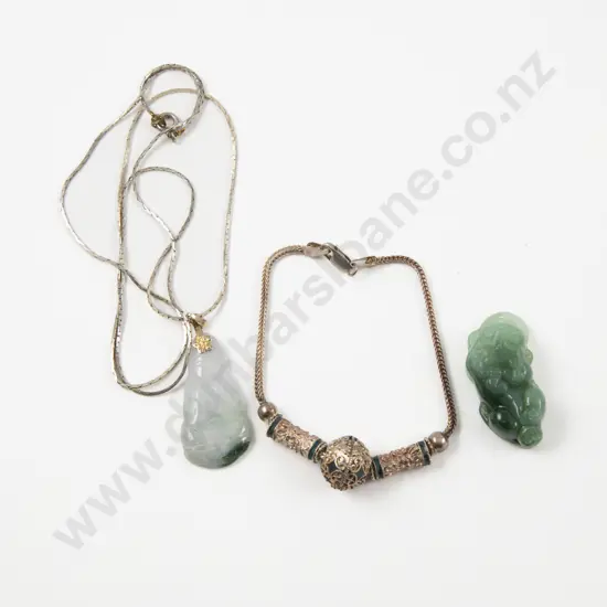 Vintage S/S Filigree Style Beaded Bracelet and Two Jade Pendants