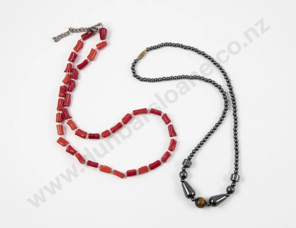 Single Strand Hematite and Tiger Eye Beaded Necklace and Coral Necklace Image 1++