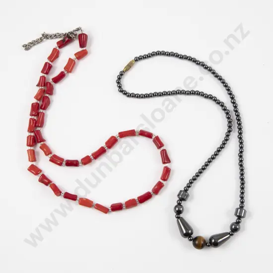 Single Strand Hematite and Tiger Eye Beaded Necklace and Coral Necklace