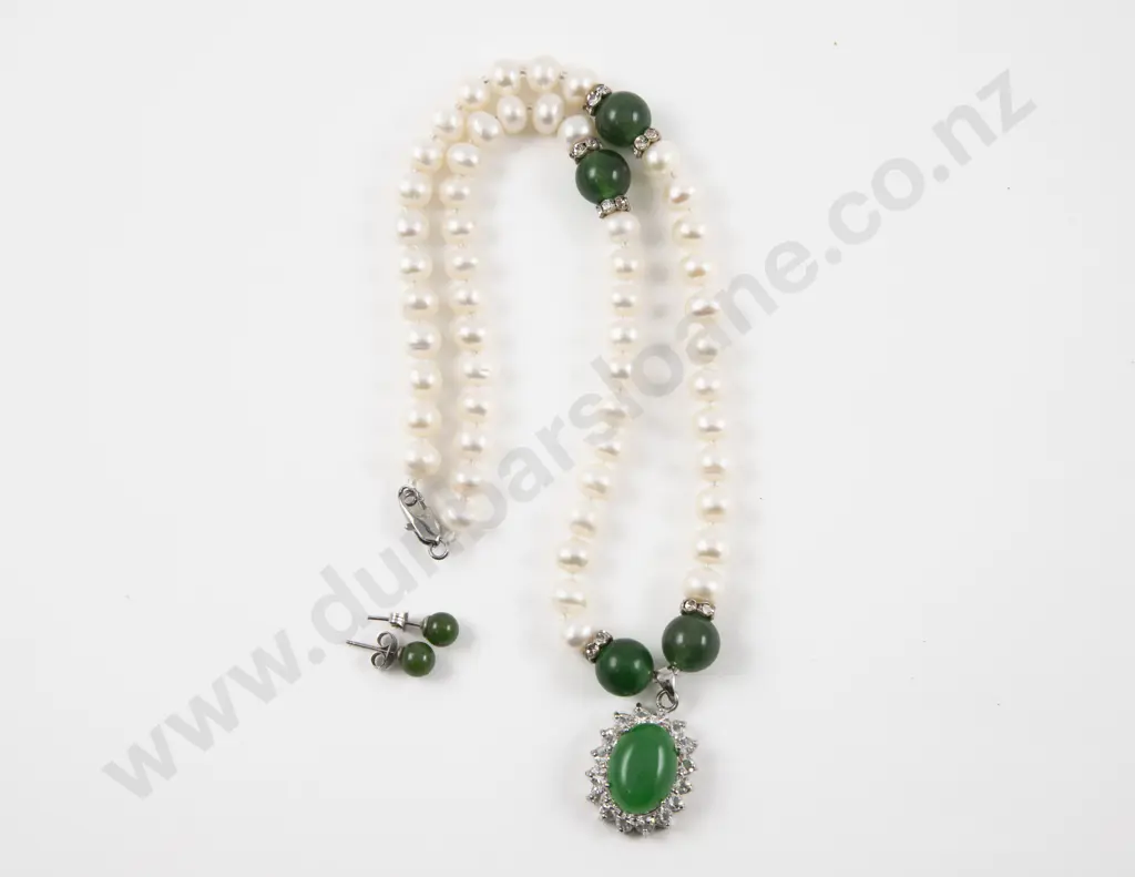 S/S Single Strand Jade and Crystal Freshwater Pearl Necklace with Stud Earrings Image 1++