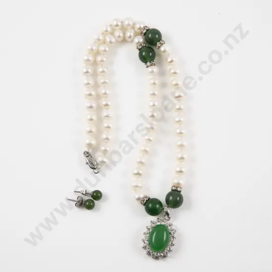 S/S Single Strand Jade and Crystal Freshwater Pearl Necklace with Stud Earrings
