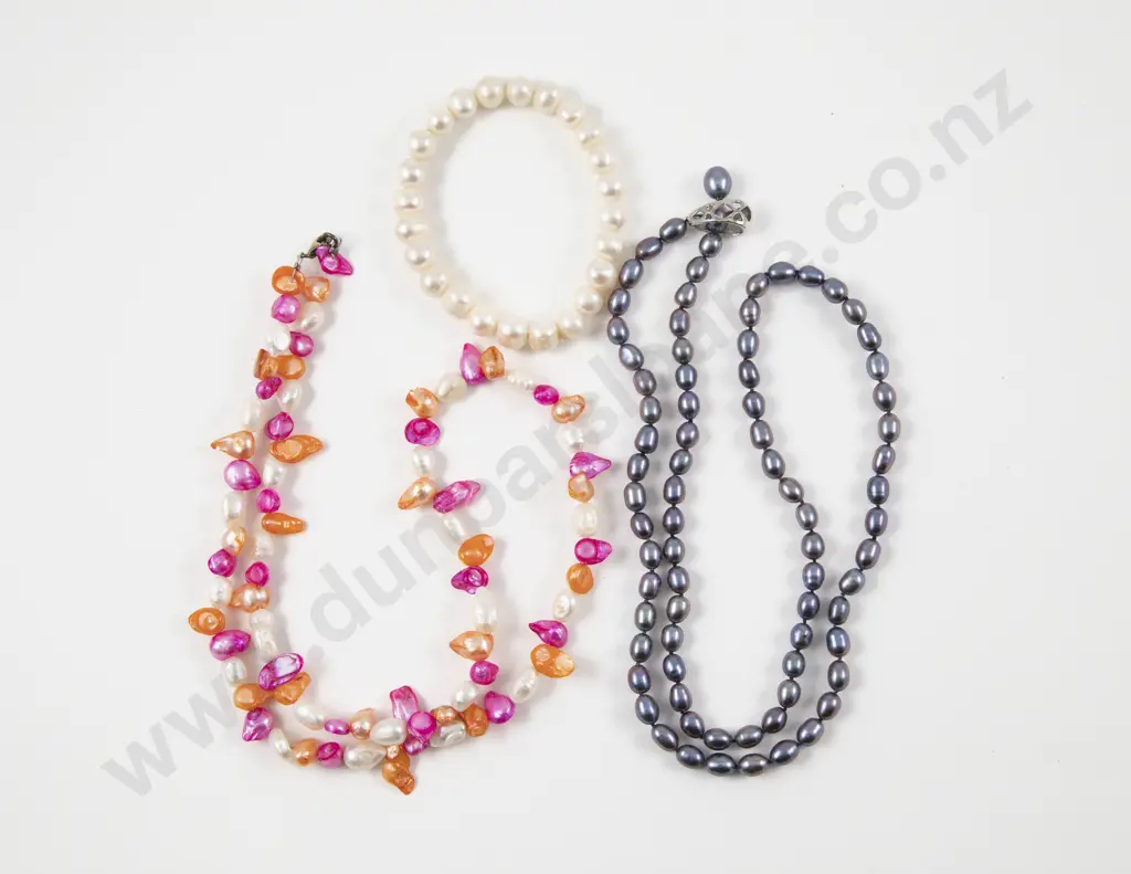 Two Single Strand Freshwater Pearl Necklaces with Bracelet Image 1++