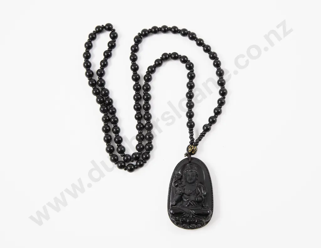 Carved Obsidian Buddha Pendant Beaded Necklace Image 1++