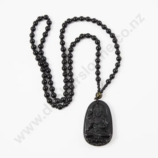 Carved Obsidian Buddha Pendant Beaded Necklace