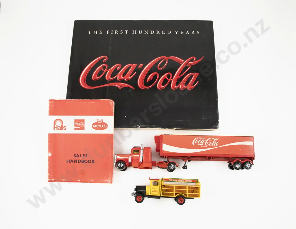 Coca Cola First Hundred Years Sales Book and Two Vehicles Image 1++