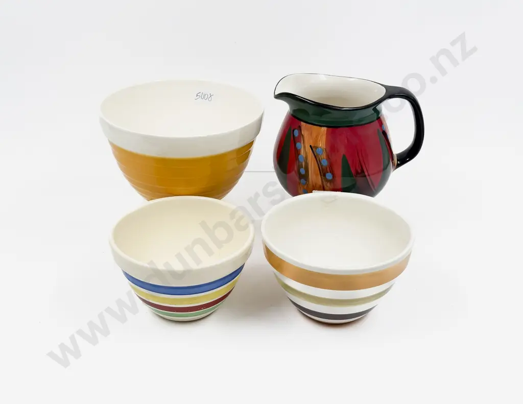 Three Assorted Crown Lynn Mixing Bowls (chip to one) and Crown Lynn Jug Image 1++