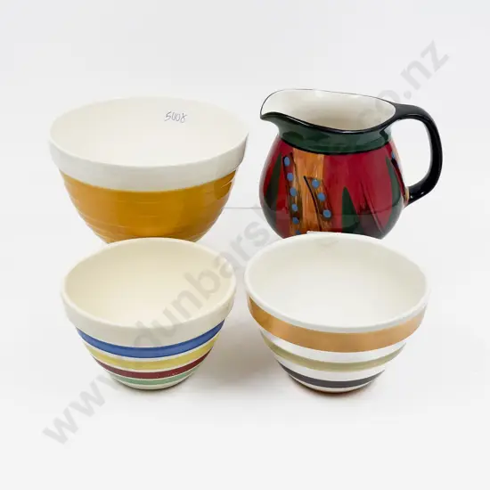 Three Assorted Crown Lynn Mixing Bowls (chip to one) and Crown Lynn Jug
