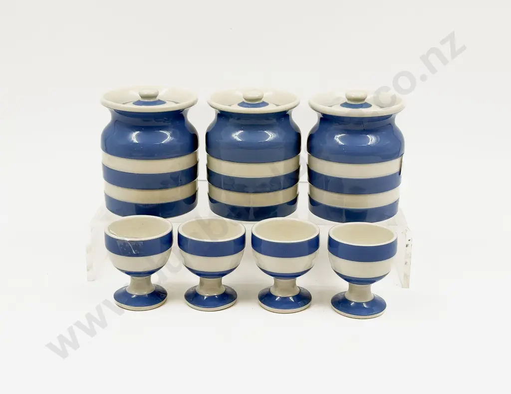 T G Green Cornishware - Three Small Condiment Jars with Four Egg Cups Image 1++