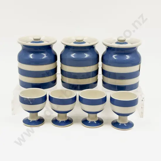 T G Green Cornishware - Three Small Condiment Jars with Four Egg Cups
