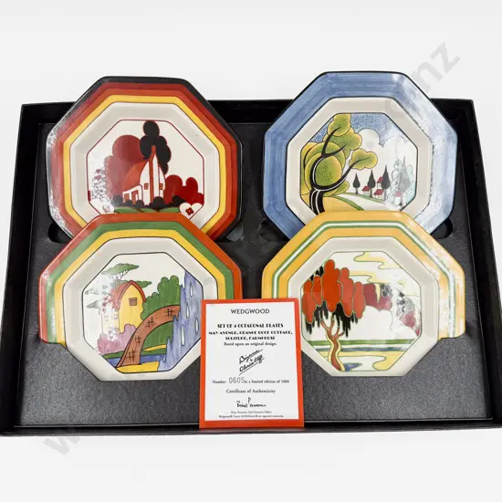 Wedgwood "Bizarre" by Clarice Cliff Set of Four Octagonal Plates in Original Presentation Box