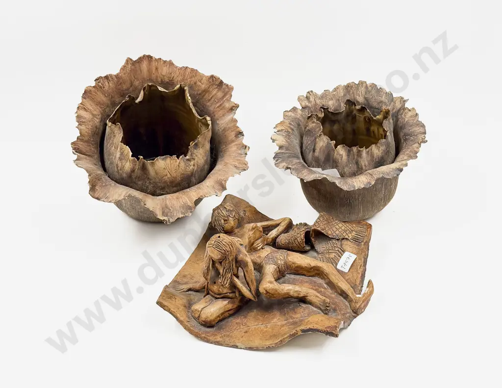 A Graduated Pair of Delicate Pottery Vases together with Pottery Figure Group Image 1++