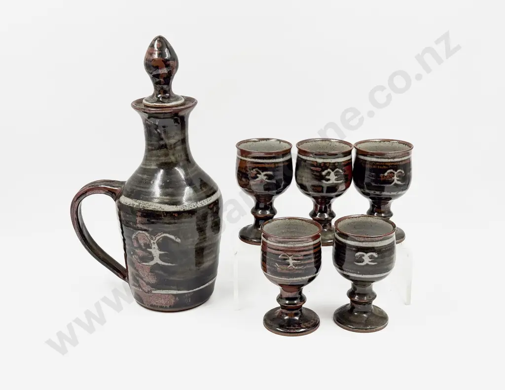 NZ Pottery Flagon & Five Goblets Image 1++